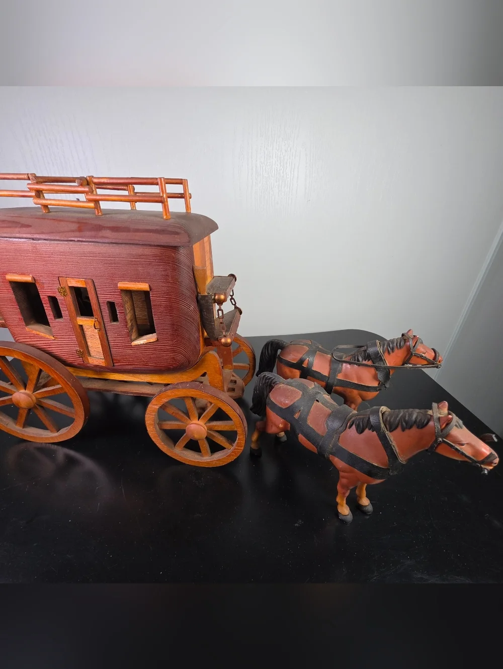 Wooden Stagecoach and Pair of Horses - Brown and Black